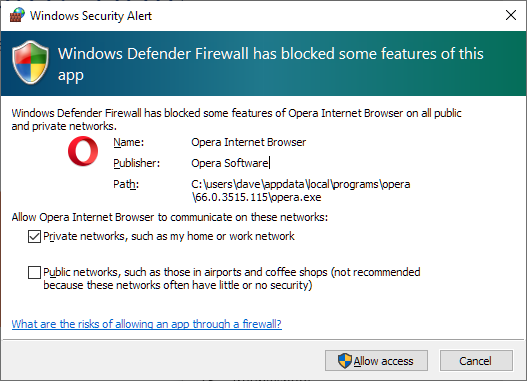 Which features is Windows 10 Defender Firewall blocking Opera wants to do? | Opera forums