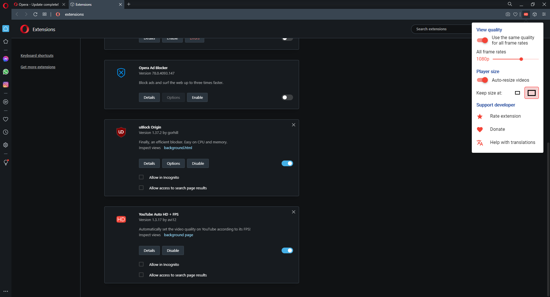 Расширение YouTube Auto HD + FPS - Дополнения Opera